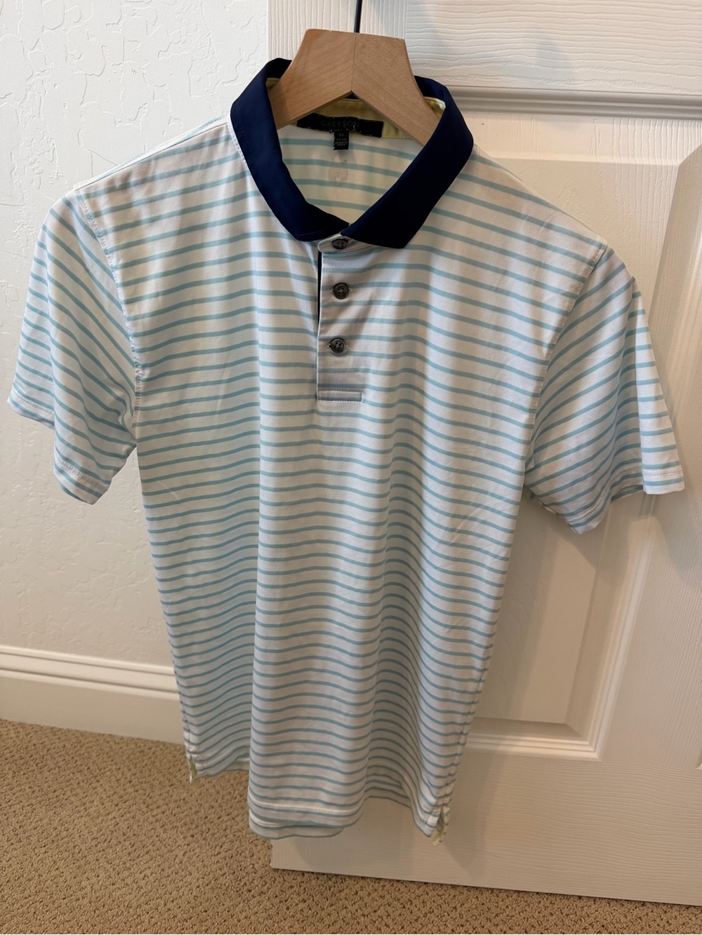 Boys Greyson Light Blue Striped Polo Shirt with Navy Collar